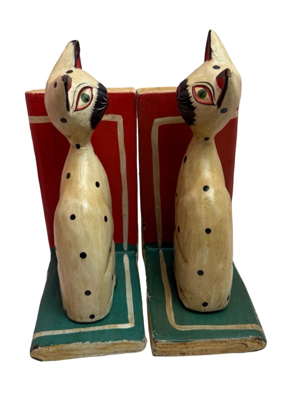 Cat Bookends VTG Set Of 2 Wooden Handmade Sitting Pair Folk Art Handpainted Cats - Picture 6 of 14
